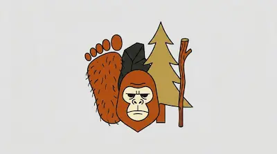 Flat illustration of a Bigfoot head, a hairy footprint, and a pine tree in earthy tones on a light gray background