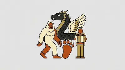 Flat illustration of a white bigfoot, a winged dragon, and a hiker holding a map on a light grey background