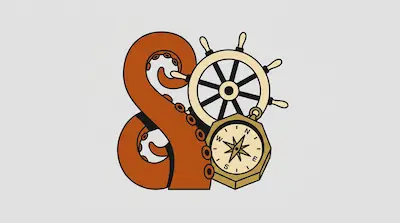 Flat illustration of an orange octopus tentacle curled around a wooden ship wheel and a brass nautical compass