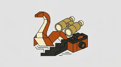 Flat illustration of a geometric sea monster, a pair of binoculars, and a vintage camera on a light grey background
