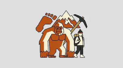 Flat illustration of a large orange yeti standing next to a mountain climber with a pickaxe and a giant footprint
