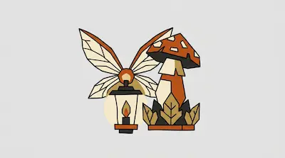 Flat illustration of a glowing lantern, a spotted mushroom, and insect wings in an earthy orange and cream color palette