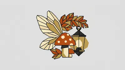 Flat illustration of a geometric mushroom, a glowing lantern, and autumn leaves with wings on a gray background