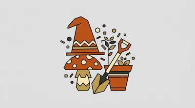 A pointed red gnome hat resting on a spotted toadstool, a garden spade, and a clay flower pot with a small seedling.