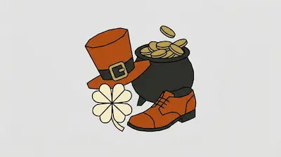 Flat illustration of an orange top hat, a black pot filled with gold coins, a four leaf clover, and a brown leather shoe