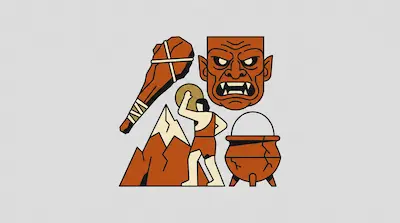 Flat illustration of a caveman, a wooden club, a mountain, and an ogre face in orange and cream tones