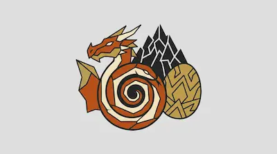 Flat illustration of an orange coiled dragon next to a patterned gold egg and black mountains on a gray background
