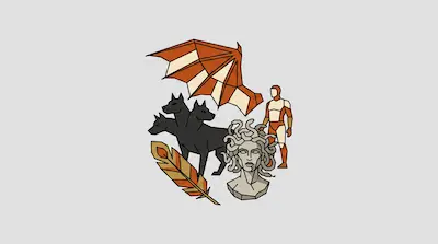 Flat illustration of Cerberus, a Medusa bust, a dragon wing, and a human figure in a geometric stained glass style