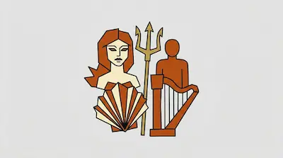 Flat illustration of a woman with a seashell, a trident, and a harp in orange and cream tones on a gray background