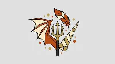 A bat-like wing, a three-pronged trident, a feather, and a spiraling horn arranged together.