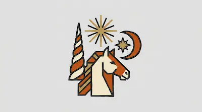 Flat illustration of a stylized horse head, a spiral horn, a crescent moon, and stars in orange and cream tones.