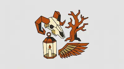 Flat illustration of a ram skull, a leafless tree, a glowing lantern, and a bird wing in orange and cream tones