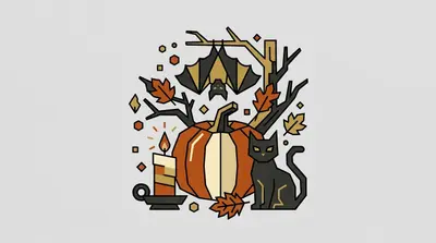 A pumpkin beside a sitting black cat and a lit candle, with a bat hanging upside down from a bare branch above.