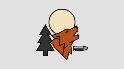 Flat illustration of an orange wolf howling at a full moon next to a pine tree and a bullet on a grey background