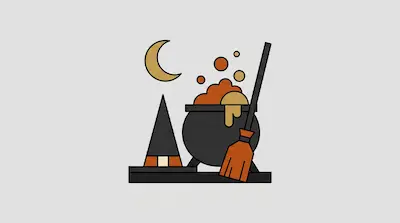 Flat illustration of a bubbling cauldron, a pointed witch hat, and a broomstick under a crescent moon