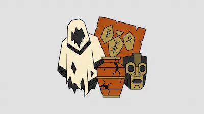 Flat illustration of a tattered white robe, a cracked clay vase, and a tribal mask against a gray background