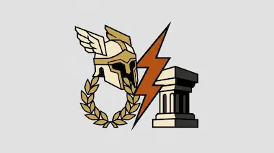 A winged helmet and laurel wreath are separated from a classical column by a lightning bolt.