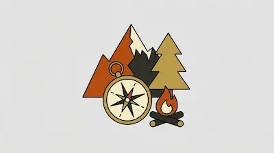 Flat illustration of a compass, a campfire, and a pine tree in front of mountains on a light grey background