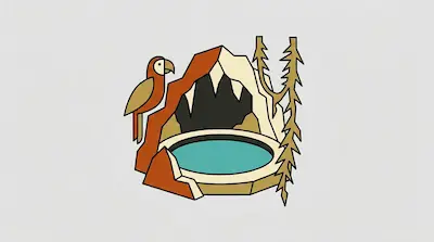 Flat illustration of a parrot perched on a rocky cave with a turquoise pool and stylized pine trees on a gray background