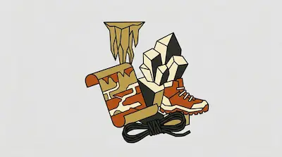 Flat illustration of caving gear including a hiking boot, a coil of rope, and a map against a cluster of crystals