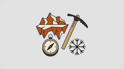 Flat illustration of an iceberg, a pickaxe, a compass, and a snowflake icon on a light gray background