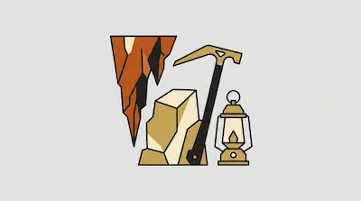 Flat illustration of mining tools including a pickaxe, a glowing lantern, and jagged rocks on a light gray background