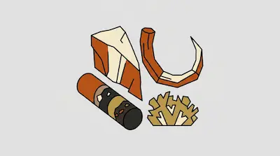 Flat illustration of a brown cigar, a curved tusk, and a jagged rock formation on a light gray background