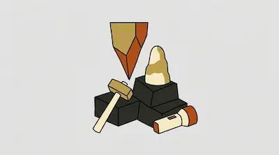 Flat illustration of mining tools including a hammer, flashlight, and crystals on dark blocks over a gray background