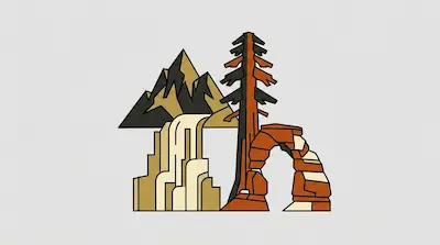 Flat illustration of a stylized mountain, a tall pine tree, and a red rock archway against a light gray background
