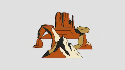 Flat illustration of orange desert rock formations, a natural stone arch, and a jagged mountain on a gray background
