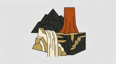 Flat illustration of a cream waterfall flowing from rocky cliffs next to a large orange tree stump and dark mountains