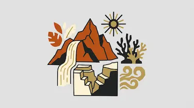 Flat illustration of a mountain with a waterfall, a sun, and coral shapes in earthy tones on a light gray background