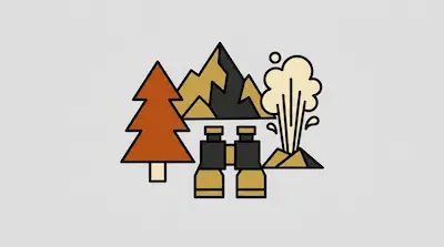 Flat illustration of binoculars, an orange pine tree, and a steaming geyser against a mountain range backdrop