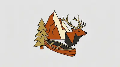 Flat illustration of a mountain, a pine tree, a canoe, and a deer head with large antlers on a light gray background