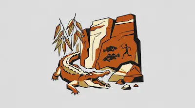 Flat illustration of a crocodile near a rock wall featuring cave paintings of fish and a hunter on a grey background