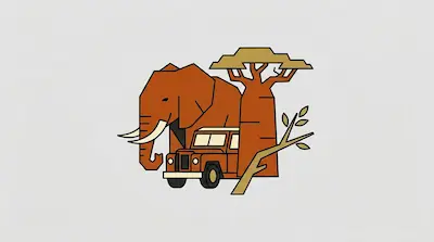Flat illustration of a large orange elephant standing behind a safari vehicle and a baobab tree on a grey background