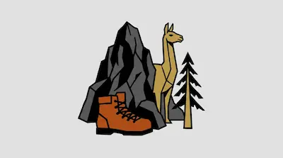 Flat illustration of a brown hiking boot, a tall grey mountain, a tan llama, and a pine tree on a light grey background
