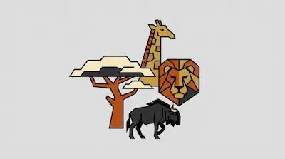 Flat illustration of a giraffe, a lion head, a wildebeest, and an acacia tree in a geometric style on a gray background