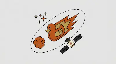 Flat illustration of a flaming rubber duck, a satellite, and an asteroid orbiting in space on a light gray background