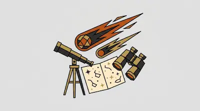Two flaming comets streak above a telescope, binoculars, and a star map.