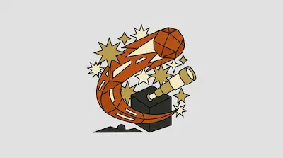 A polyhedral comet with a curved orange tail streaks past a telescope and several stars.