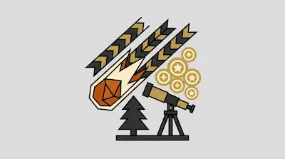 A stylized graphic of a meteor with a chevron tail streaking above a telescope, a pine tree, and a cluster of gold coins.