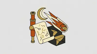 A telescope, a crescent moon, a star chart, and a comet with a faceted head are grouped together.
