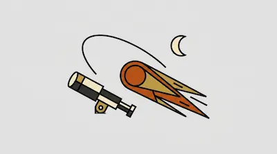 A telescope points toward a large orange comet with a trailing tail and a crescent moon.