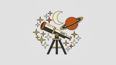 A telescope on a tripod surrounded by a crescent moon, a ringed planet, and stars.