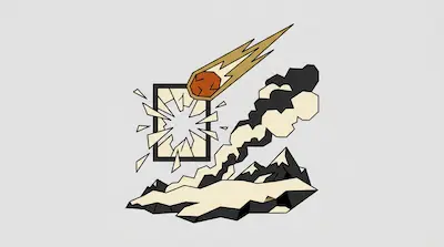 A meteor with a golden trail streaks toward a shattered rectangular frame above a snowy mountain landscape with rising smoke.