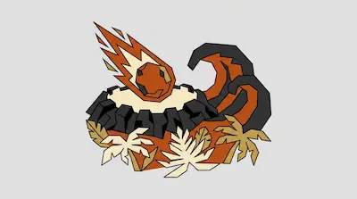 A flaming meteor crashes into a rocky crater, surrounded by stylized waves and palm leaves in a geometric art style.