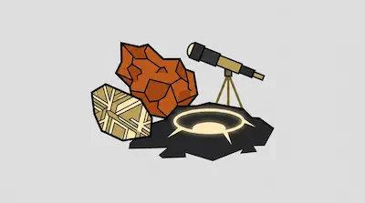 Flat illustration of a telescope on a tripod next to jagged rocks and a glowing portal on a gray background