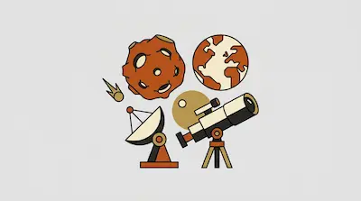 Flat illustration of a telescope, satellite dish, and planets in earthy tones on a light gray background