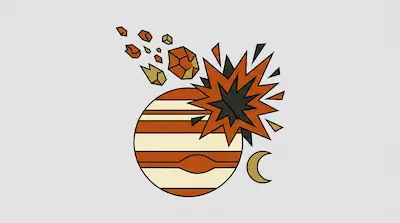 A stylized striped planet being struck by a trail of asteroids, causing a large explosion.